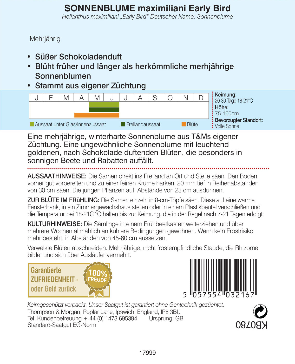Rückseite einer Sonnenblumen-Samentüte von Thompson und Morgan: "Sonnenblume maximiliani Early Bird", mehrjährig, mit Aussaatanleitung, Pflanzkalender, Pflanzeninfos sowie Icons für Sonne und Bodentyp. Barcode unten rechts.