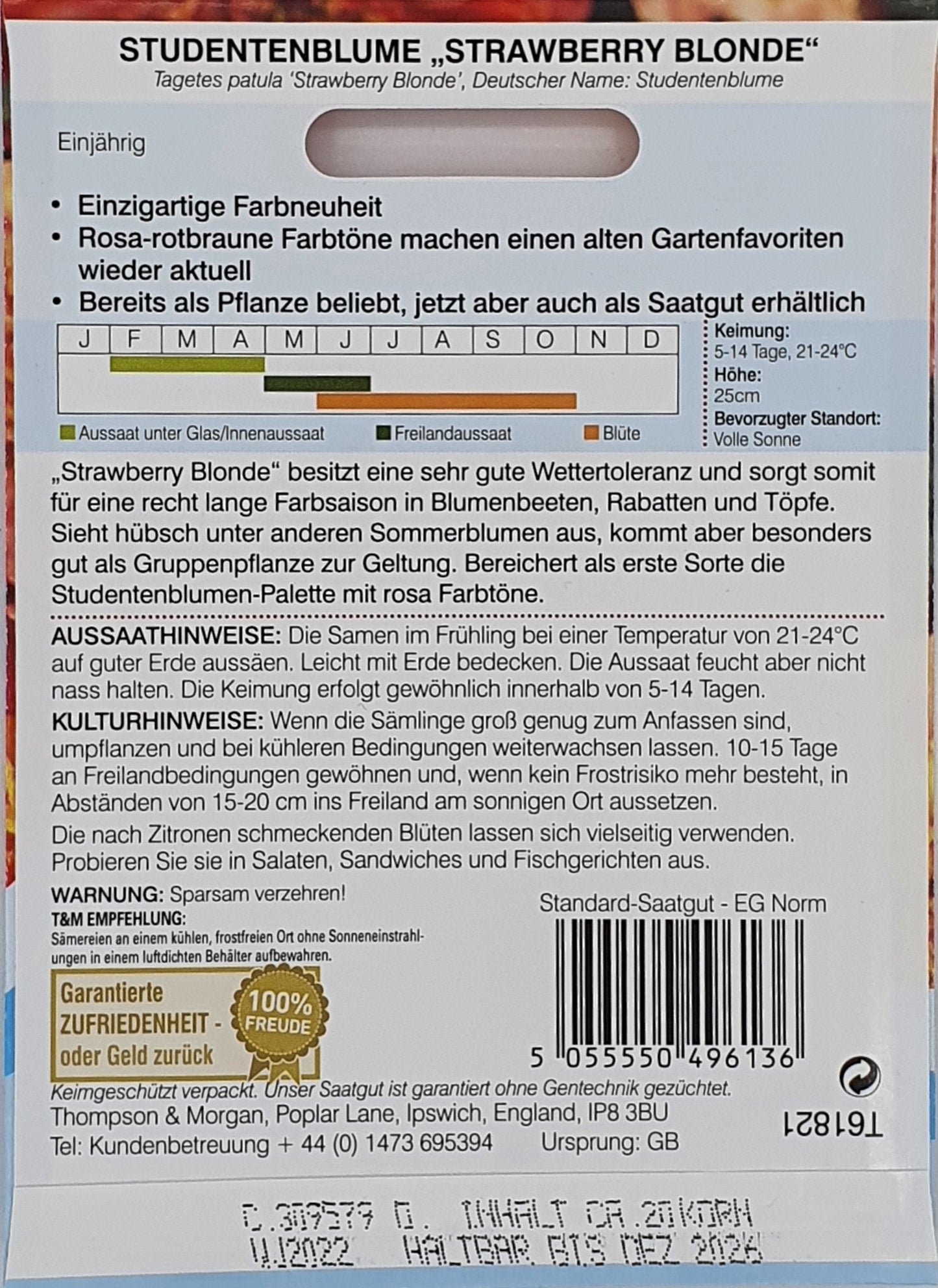 Rückseite eines Thompson und Morgan | Tagetes (Studentenblume) Strawberry Blonde-Saatpäckchens in zarten Rosatönen, mit Pflanzanleitung, Aussaat- und Blühzeiten-Tabelle, Kulturtipps, Besonderheiten und Barcode unten rechts. Text auf Deutsch.