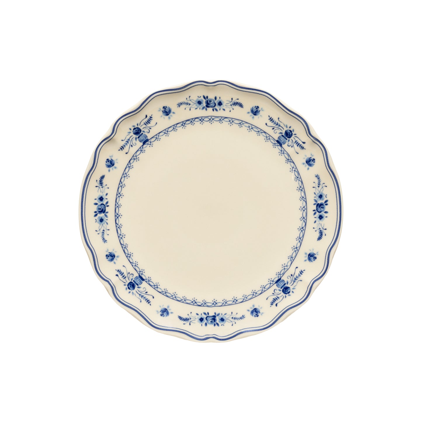 Der Costa Nova 'Vila' Teller mit blauer Blumenverzierung 27 cm ist ein runder, cremefarbener Teller mit gewelltem Rand, zarter blauer Blumenverzierung am Rand und dünner blauer Linie. Die Mitte bleibt schlicht für elegante Speisenpräsentationen.