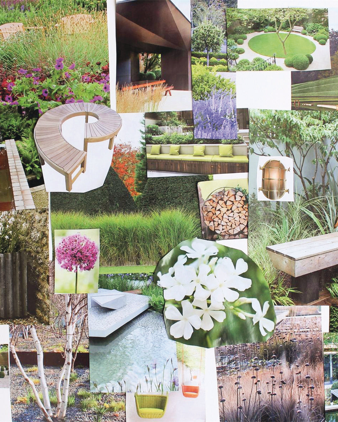Eine Collage aus Fotos zur Gartengestaltung, darunter Blumenbeete, eine Holzbank, eine runde Rasenfläche und Topfpflanzen, die als visuelle Vorlage für den Mi. 3.3. dient.-Fr., 5.3.2027 | 10.00 – 16.30 Uhr DREI-TAGE-MASTERCLASS Gestalten Sie Ihren eigenen Garten – Gärten bis 1.500 m².