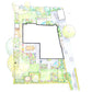 Top-down-Plan für die architektonische Landschaftsgestaltung eines Hauses und Gartens mit Bäumen, Blumenbeeten und einer Terrasse, vorgestellt im Rahmen des HALBTAGESKURSES Grundlagen der Gartengestaltung am 27.2.2027 | 10.00 – 13.00 Uhr.