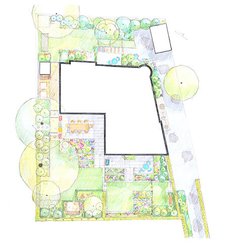 Top-down-Plan für die architektonische Landschaftsgestaltung eines Hauses und Gartens mit Bäumen, Blumenbeeten und einer Terrasse, vorgestellt im Rahmen des HALBTAGESKURSES Grundlagen der Gartengestaltung am 27.2.2027 | 10.00 – 13.00 Uhr.