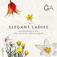 Ein schlichtes Blumenmotiv zeigt Tulpen und Frühblüher mit „Elegant Ladies: Die zierlichen Damentulpen“ der Königlichen Gartenakademie vor einem hellen Hintergrund. Das GA-Logo befindet sich oben rechts.