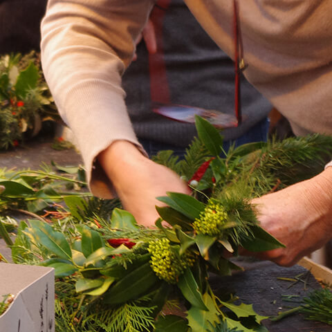 Beim Workshop "Adventskranzbinden" der Königlichen Gartenakademie (Sa. 21.11.2026, 10-12 Uhr) arrangiert eine Person Grünzeug und rote Akzente zu einem dekorativen Kranz von bis zu 30 cm, wobei nur ihre Hände und Arme sichtbar sind.