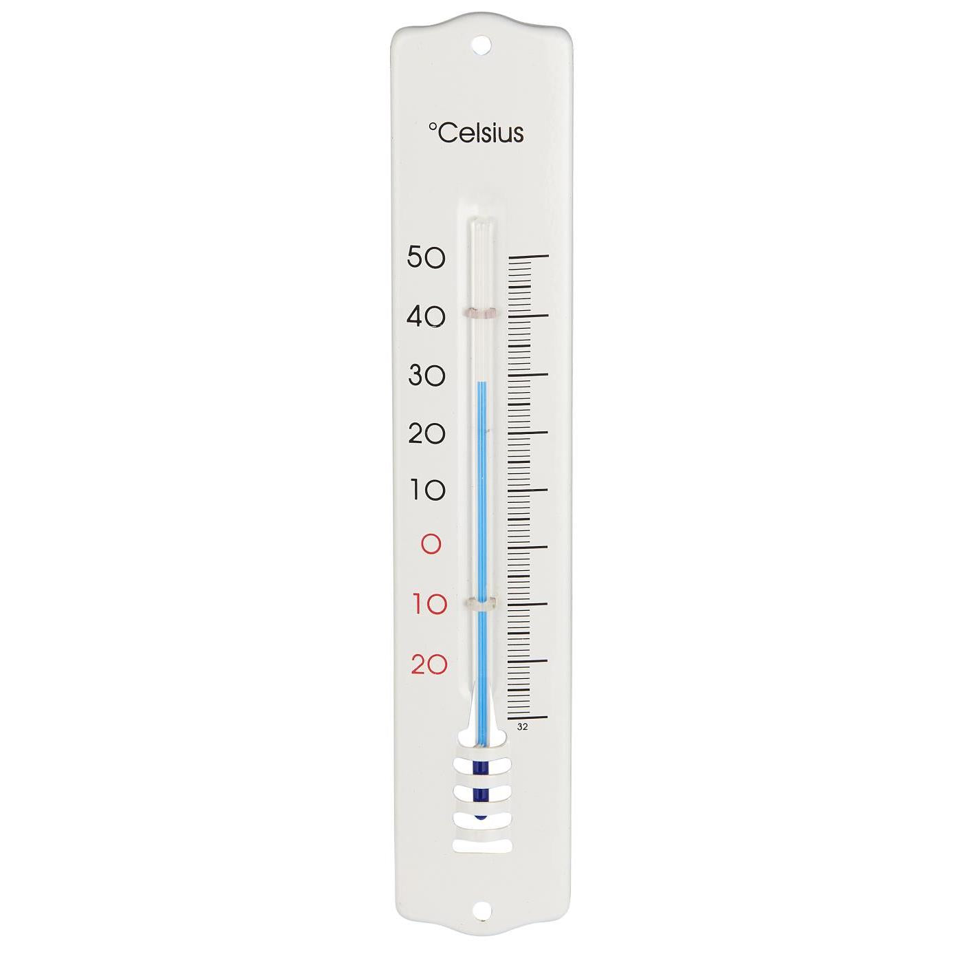 Das IB Laursen Thermometer aus Emaille von IB Laursen ist ein weißes analoges Celsius-Thermometer (-30 bis 50°C) mit blauer Flüssigkeit, die etwa 20°C anzeigt.