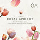 Ein minimalistisches Design mit warmen apricot-lachsfarbenen Tulpen auf hellem Hintergrund, mit dem Motiv „Royal Apricot: Vier warme apricot-lachsfarbene Tulpen“ der Königlichen Gartenakademie und einem deutschen Text über Frühlingsblumen und Blumenzwiebeln.