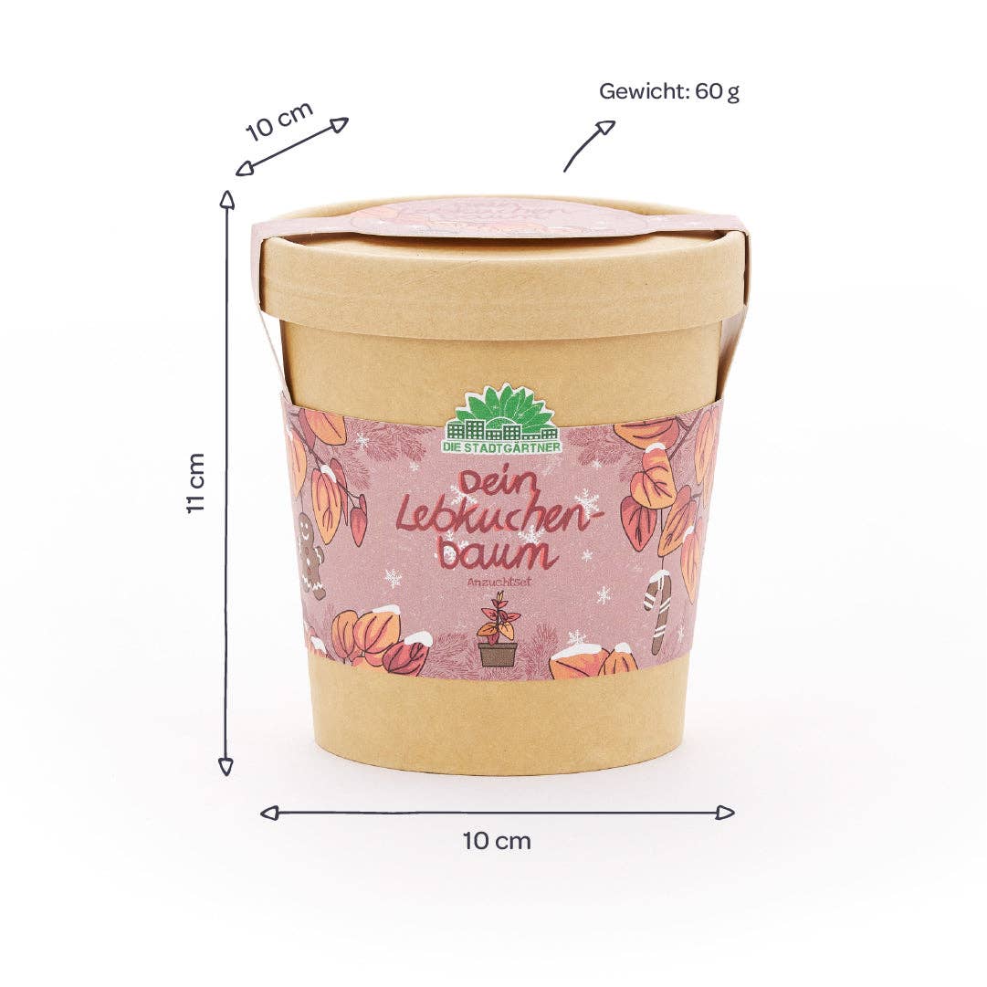 Ein zylindrischer Behälter der TDJ Stadtgärtner GmbH mit der Aufschrift „Anzuchtset | Lebkuchenbaum aus dem Becher“ besticht durch ein festliches Design in Rosa – perfekt als Geschenkidee für Pflanzenfreunde. Mit einer Breite von 10 cm, einer Höhe von 11 cm und einem Gewicht von 60 Gramm ist dieses Set ein ideales Geschenk für alle, die sich für ein Lebkuchenbaum-Anzuchtset interessieren.