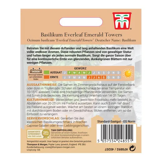 Rückseite der Thompson und Morgan | Basilikum 'Everleaf Emerald Towers' Samenpackung: Deutsche Anleitung, Pflegetipps, Pflanz-/Erntezeiten, Aussaatkalender, Barcode-alles für eine langanhaltende Genoveser-Basilikumernte.
