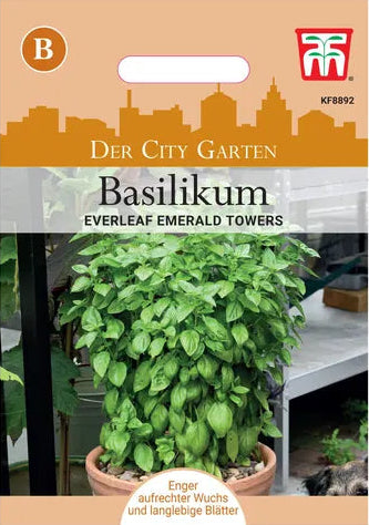 Thompson und Morgan | Basilikum 'Everleaf Emerald Towers' Samen in orange-weißer Packung mit Genoveser Geschmack und Foto einer Topfbasilikumpflanze, versprechen eine langanhaltende Basilikumernte.