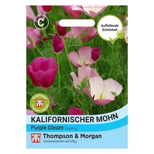 Ein Päckchen Samen von Thompson und Morgan Kalifornischer Mohn 'Purple Gleam' zeigt rosa und weiße Blüten für Ihre Sommerblumenkollektion, die eine grüne und rosa Gartenszene darstellen.
