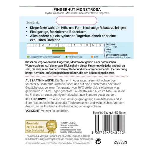 Rückseite einer Thompson und Morgan Fingerhut 'Monstrosa'-Saatgutpackung mit Pflanz- und Pflegeanleitung, Aussaat- und Blühkalender, Symbolen zu Standort/Höhe, deutschsprachigem Text und Barcode unten rechts.