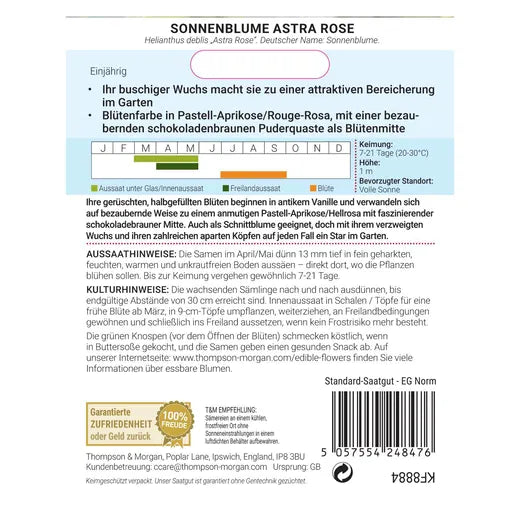 Saatgutpackung für Thompson & Morgan | Sonnenblume 'Astra Rose' (Helianthus annuus) von Thompson und Morgan. Enthält Pflanzinformationen, Pflegetipps, Angaben zu halbgefüllten Blüten, Aussaat-/Blühkalender, deutschen Text, Barcode und Garantieetikett.