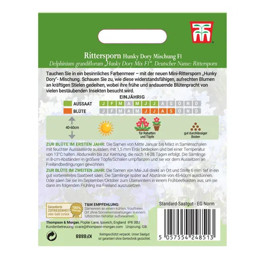 Rückseite einer Thompson und Morgan Rittersporn 'Hunky Dory Mix' F1 Saatgutpackung mit deutscher Pflanzanleitung, Blütentabelle, Aussaat-/Blühmonatssymbolen, Pflanzeninfo und Barcode in der unteren rechten Ecke.