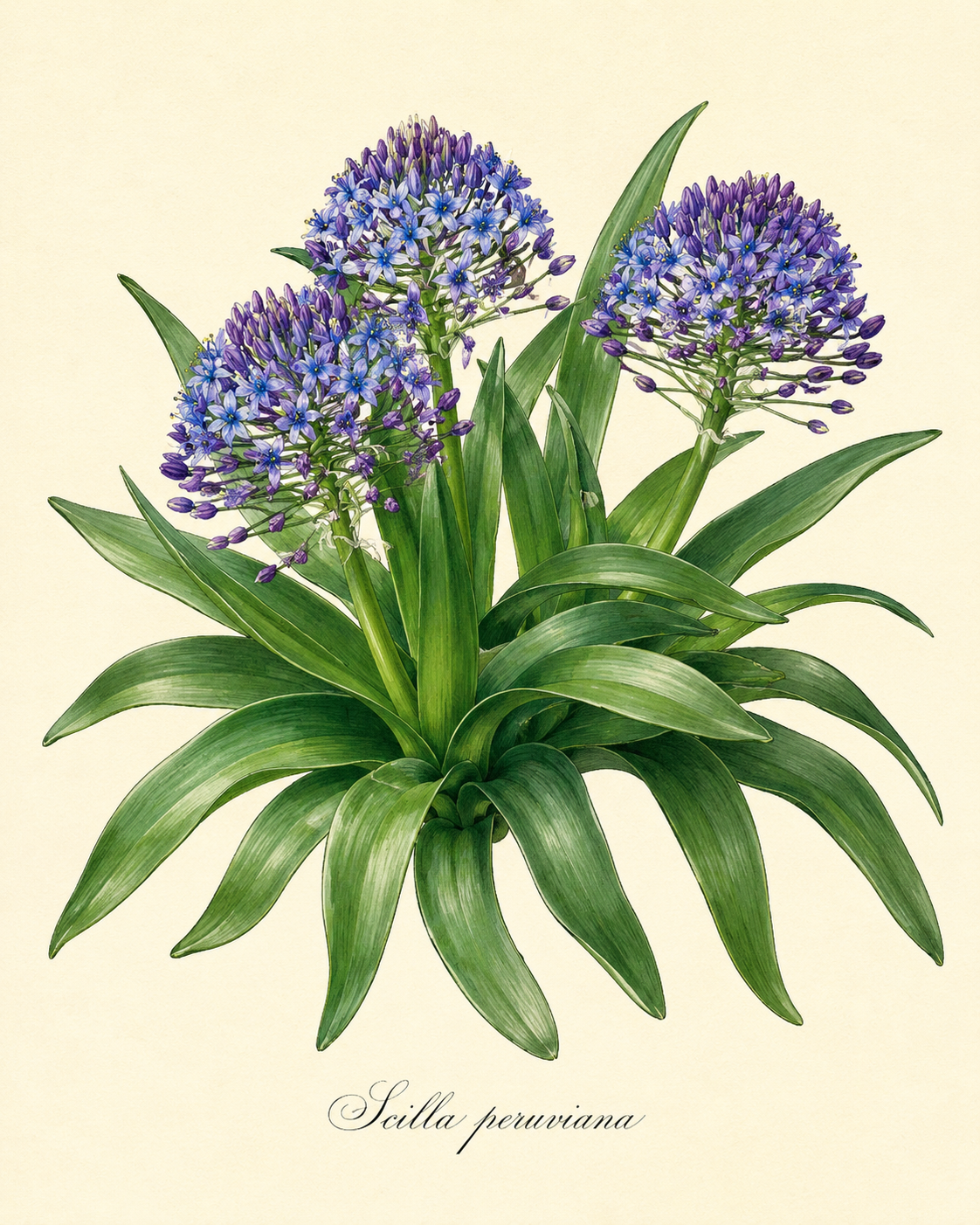 Botanische Illustration von Scilla peruviana – Stern der Peru, Peruanischer Blaustern von Verberghe, die drei Büschel kleiner, tiefblauer, halbkugelförmiger Blüten zeigt, die aus einer dichten Rosette langer, spitzer, dunkelgrüner Blätter vor einem cremefarbenen Hintergrund hervortreten. Der Name dieser frostresistenten Pflanze ist darunter in Kursivschrift vermerkt.