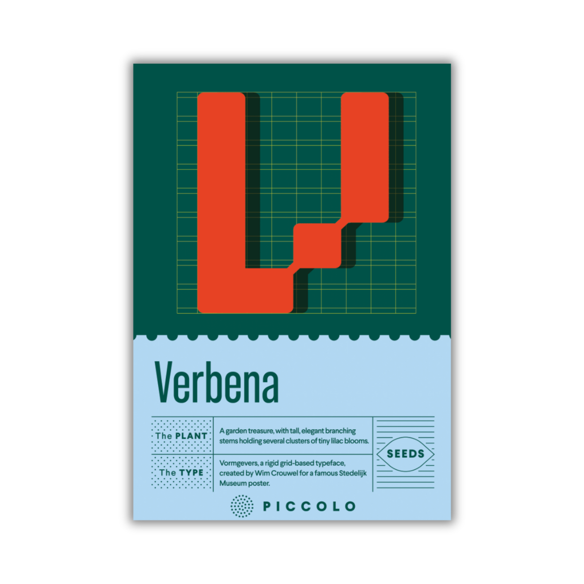 Eine Packung Piccolo Seeds - V | Eisenkraut zeigt ein fettes rotes geometrisches V auf einem grünen Gitter, mit einem Text, der diesen Gartenschatz in der starren Vommymary-Schrift beschreibt. Die Marke Piccolo Seeds erscheint am unteren Rand.