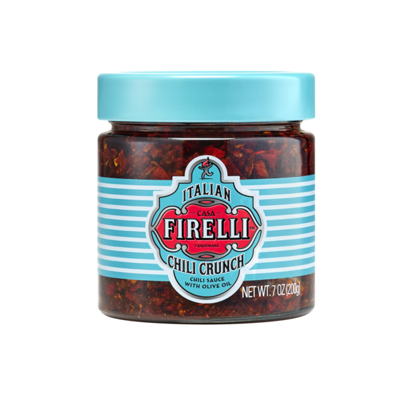 Ein 200g Glas mit Firelli | Chili Crunch von Firelli, mit italienischem Olivenöl, einem türkisfarbenen Deckel und einem dekorativen türkis-roten Etikett.