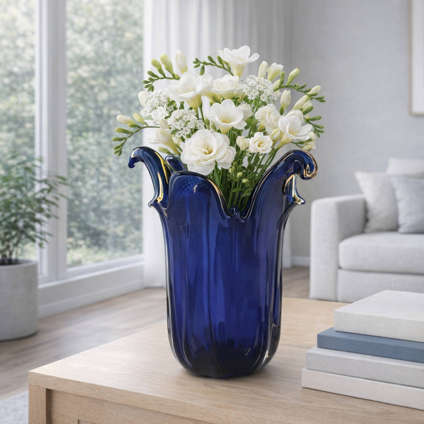 Die Murano Dream „Giusy“-Vase aus blauem Murano-Glas (H 24, Ø 19 cm) präsentiert weiße Blumen und Grünpflanzen auf einem Holztisch in einem hellen Wohnzimmer mit Sofa, großem Fenster und einem Bücherstapel.