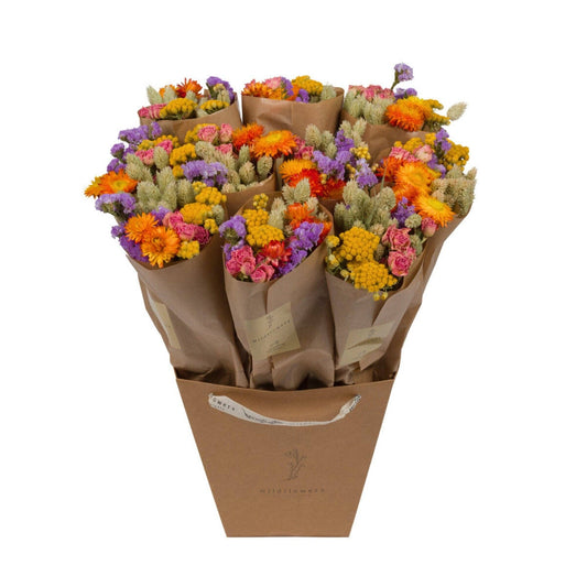 Der „Wildflowers by Floriette | Trockenblumen ‚Multicolor‘“-Strauß besticht durch ein atemberaubendes, mehrfarbiges Arrangement aus orangefarbenen, gelben, rosa und violetten Trockenblumen. Dieser Trockenblumenstrauß ist fachmännisch in braunes Papier eingewickelt und wird in einer stilvollen, braunen „Wildflowers by Floriette“-Geschenktüte mit Henkeln präsentiert.