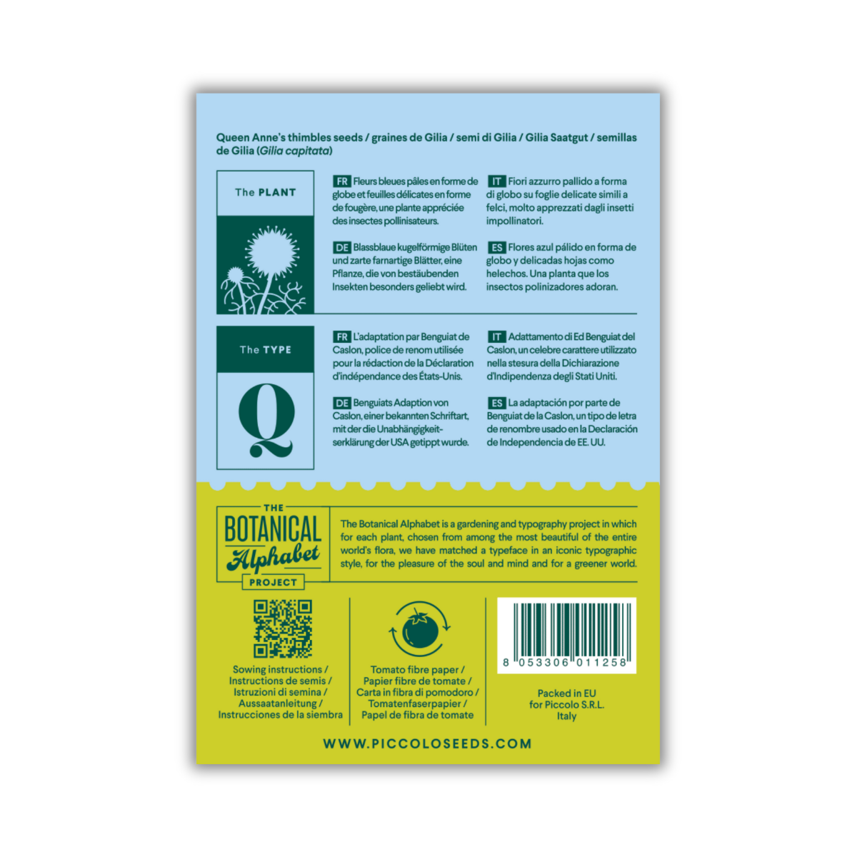 Auf der Rückseite der Piccolo Seeds - Q | 'Queen Anne's thimbles' Kopfige Gilie Packung befinden sich Pflanzanweisungen, mehrsprachige Beschreibungen, botanische Informationen, QR-Code, Barcode und grün-gelbe Akzente mit Hellblauen Blüten von Piccolo Seeds.