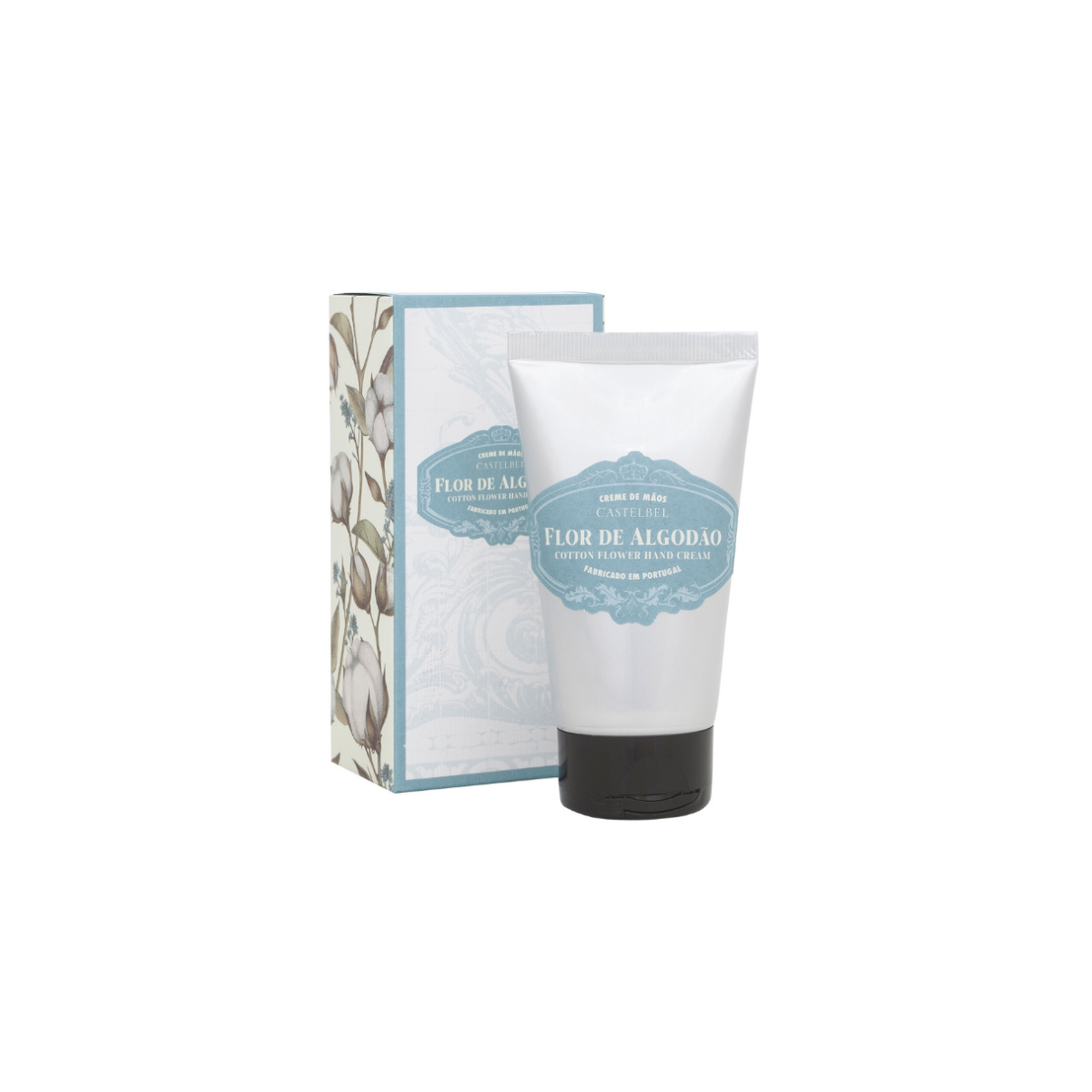 Eine weiße Tube Castelbel | Handcreme Cotton Flower 60 ml mit blauem Etikett steht vor der passenden Blumendose. Die Formel mit pflanzlichen Buttern und Öle ist intensiv feuchtigkeitsspendend.