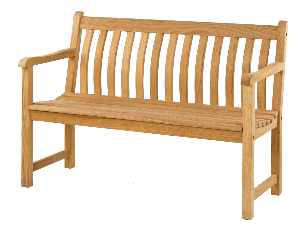 Die Alexander Rose Roble Wood Broadfield Bench 122 cm ist eine klassische Gartenbank mit gelatteter Rückenlehne und Sitzfläche, Armlehnen an beiden Seiten und aus hellem Holz. Die Bank ist auf einem schlichten weißen Hintergrund abgebildet, der für einen zeitlosen Look sorgt.