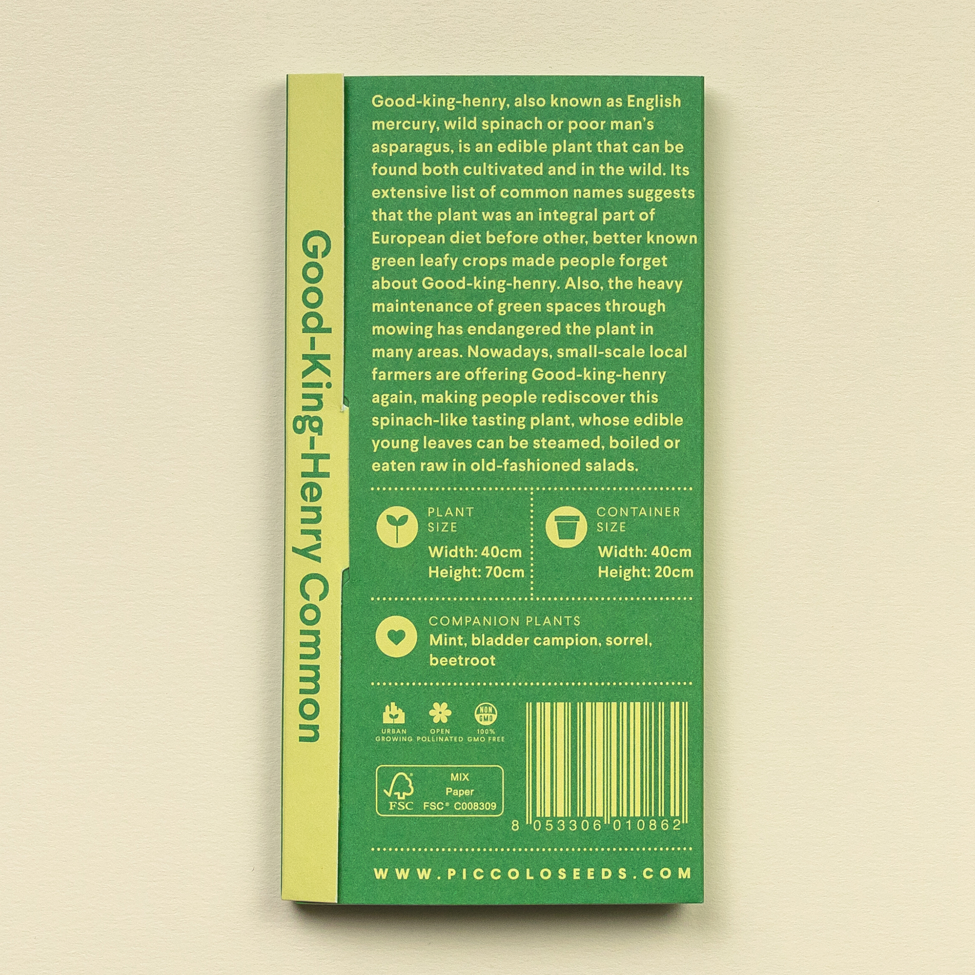 Piccolo Seeds | 'Good King Henry Common' Englisches Quecksilber: Saatgutpackung mit Pflanzeninfos, Größe, Begleitpflanzen (Minze, Sauerampfer) und Verwendungsmöglichkeiten als essbare Pflanze/wilder Spinat. Mit grün-gelbem Design, klarem Text und Symbolen.