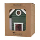 Ein grün-weißes Nistkasten & Futterhaus aus Holz in stilvollem Design von Wildlife Garden wird in einer braunen Multiholk-Verpackung präsentiert, deren Frontausschnitt das stilvolle skandinavische Vogelfutterhaus zeigt.