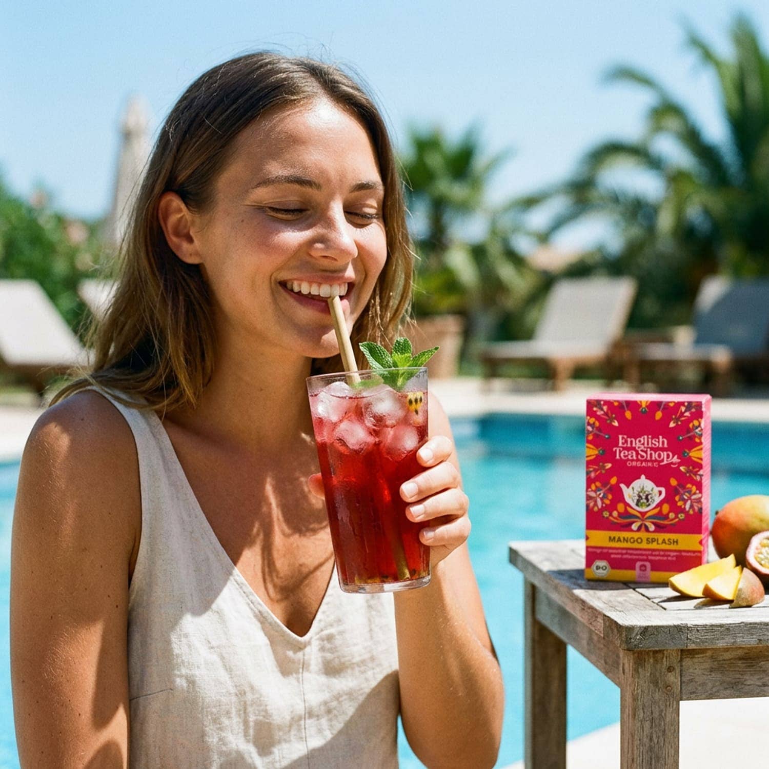 Eine lächelnde Frau sitzt an einem Pool und schlürft mit einem Strohhalm den BIO-Tee "Mango Splash" von English Tea Shop. Eine Schachtel mit dem Tee und Mangoscheiben stehen auf dem Tisch neben ihr, mit Palmen und Liegestühlen im Hintergrund.