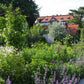 Entdecken Sie leuchtend grüne Pflanzen und lila Blumen im Halbtageskurs "Der Mixed Border" der Königlichen Gartenakademie am Di. 13.10.2026, 13:30-16:30 Uhr, üppige Gartenbeete unter einem teilweise bewölkten Himmel mit malerischen Wegen und roten Ziegeldächern.