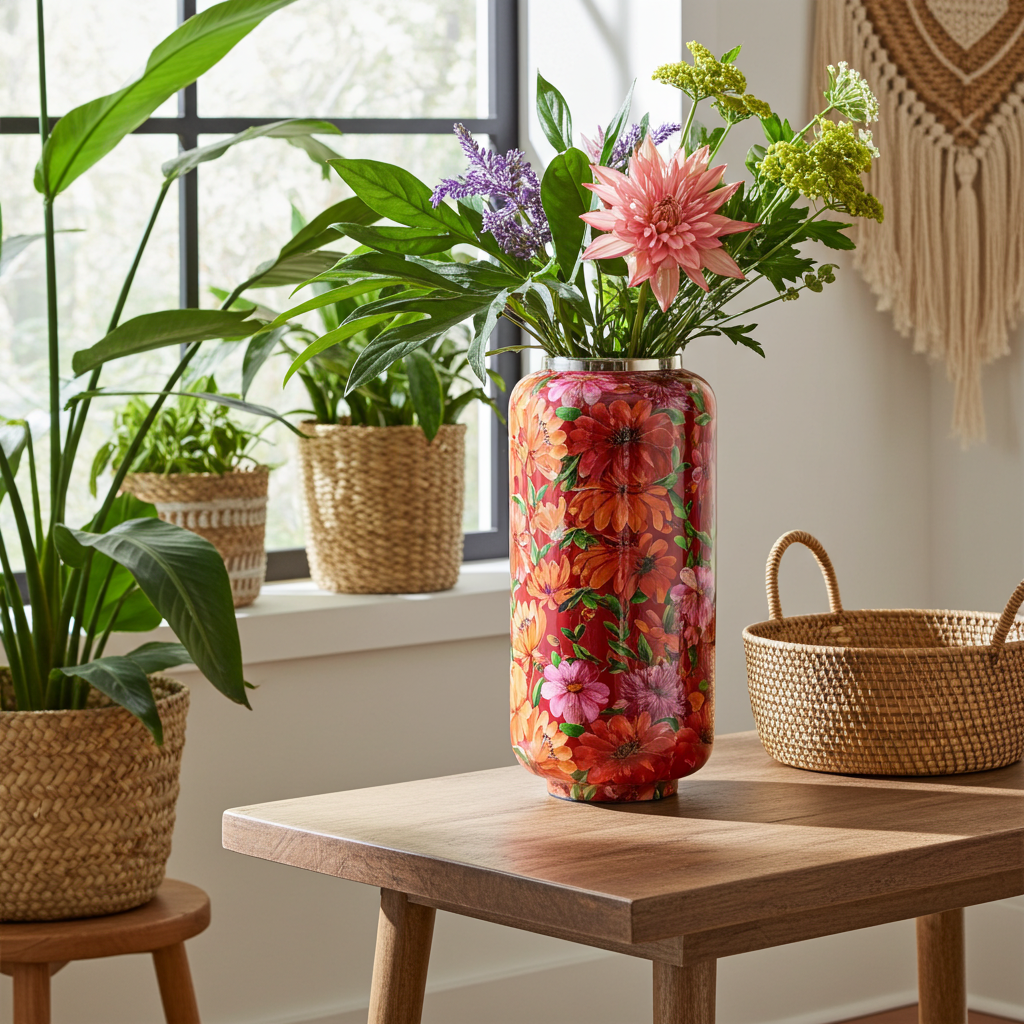 Eine farbenfrohe „2 Have | Vase ‚Bloom‘“ aus Metall in Rosarot (30 x 15 cm) steht auf einem Holztisch, umgeben von Topfpflanzen und geflochtenen Körben, in einem hellen Raum mit einem Fenster und Makramee-Wanddekoration.