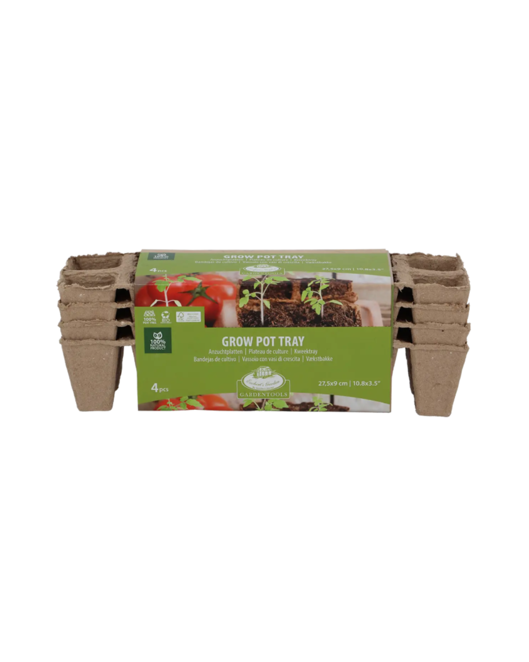 Die Esschert Anzuchtschale | 4er Set L aus Recyclingpapier ist ein Set aus vier biologisch abbaubaren Anzuchtschalen für die Aussaat, hergestellt aus Recyclingpapier, mit einer Verpackung, die Tomatenpflanzen und Setzlinge zeigt.