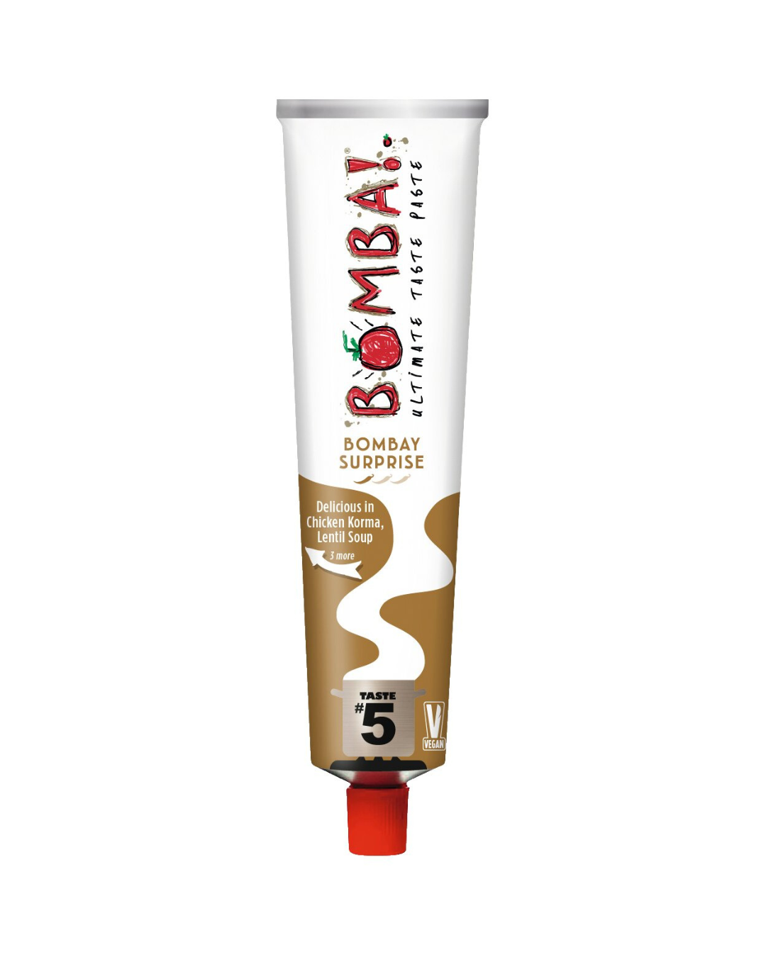Eine 150-g-Tube Viani | 'Bomba! Mystic Bangkok', mit weißem Körper und rotem Deckel, vegetarisch, Geschmacksnote 5. Seine exotischen Aromen sind köstlich in Hühner-Korma oder Linsensuppe.