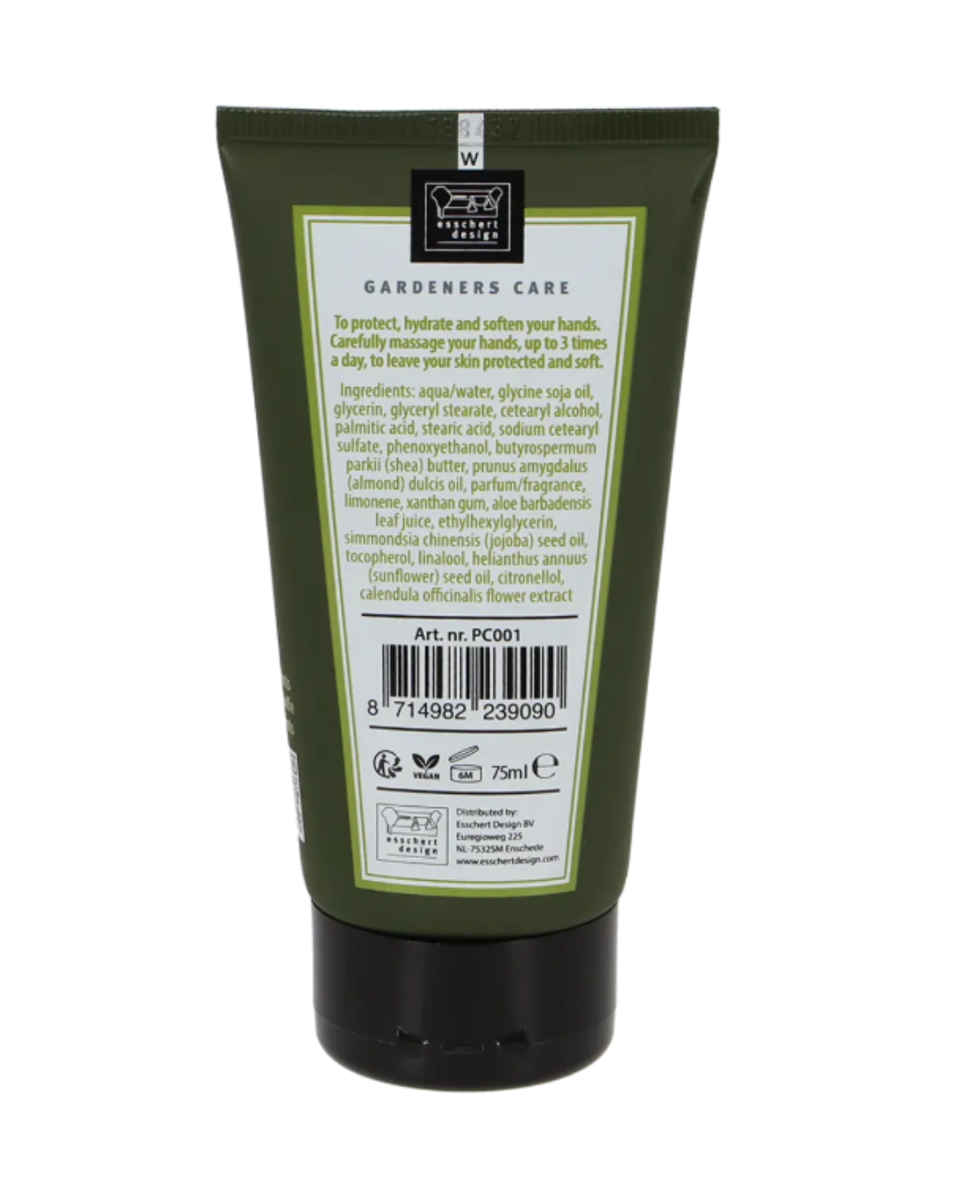 Eine grüne Tube Esschert Gärtner Schutzhandcreme | Pflegende Barriercreme mit Aloe Vera & Sheabutter (75 ml) ist von hinten abgebildet, mit Inhaltsstoffen, Anwendungshinweisen, Produktinfos, Barcode, Recyclingsymbolen und Füllmenge.