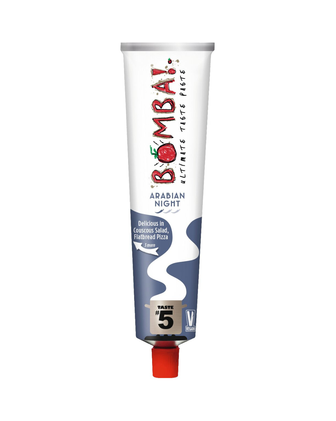 Eine vegane weiße, quetschbare Tube mit der Aufschrift Viani | 'Bomba! Arabian Night' Würzpaste (150g), mit rotem Deckel und Geschmacksstufe 5, perfekt für Couscous, Salat oder Pizza - ideal für Liebhaber der orientalischen Küche.