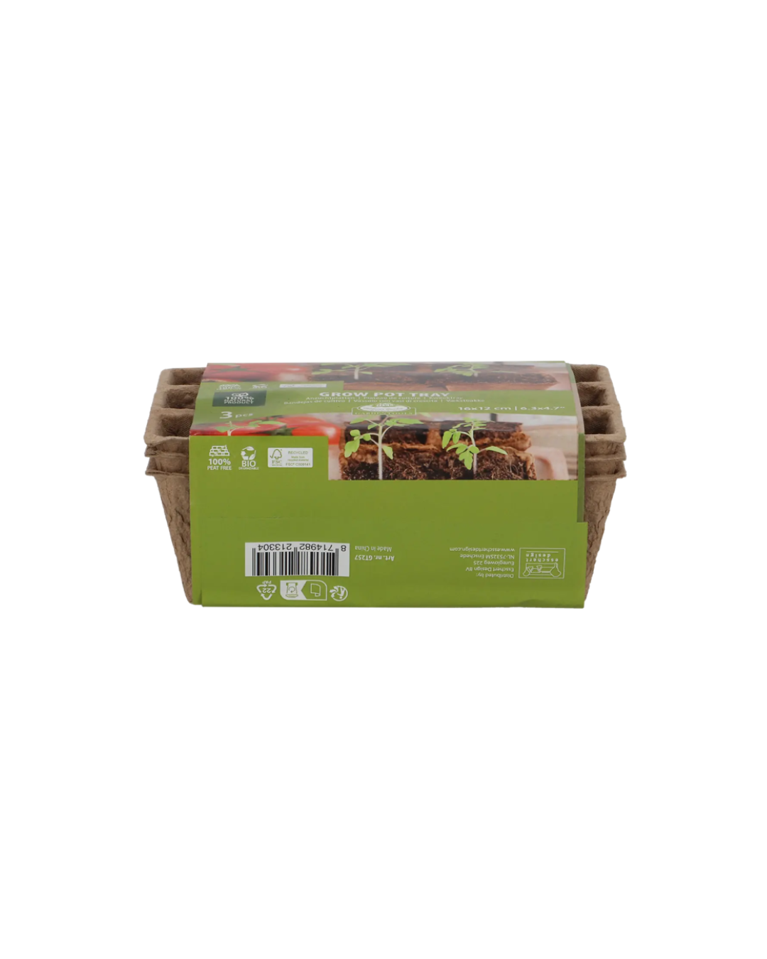 Eine rechteckige Packung Esschert Anzuchtschale | 3er Set S aus Recyclingpapier zeigt gestapelte braune umweltfreundliche Töpfe mit einem grünen Etikett mit Pflanzensprösslingen, Recyclingsymbolen und einem Strichcode.