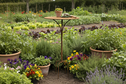 Der Königliche Gartenakademie Gartenstecktisch ist ein stilvoller, stabiler Deko-Tisch aus Metall mit einer Tischplatte von Ø41 cm und einer Höhe von 59 cm, der auf einem stabilen 4-Fuß-Gestell steht - perfekt, um Ihrem Raum ein modernes Flair zu verleihen.