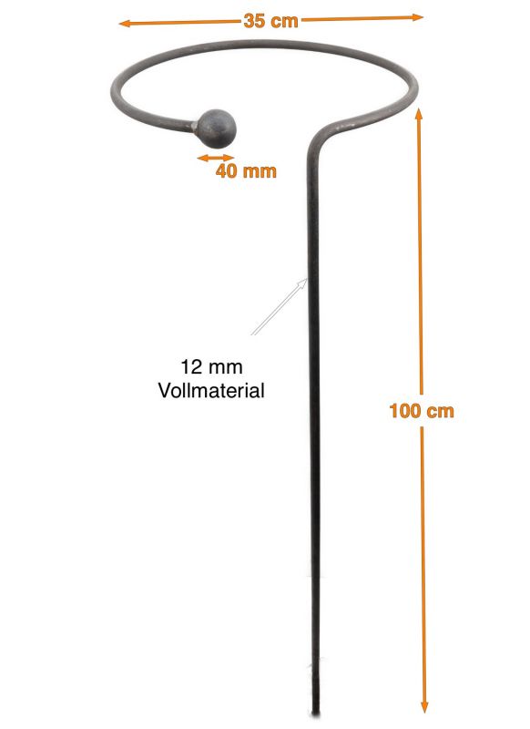 Der Hirsch Staudenhalter mit offenem Ring freistehend ist ein Metall-Gartenpfahl mit 35 cm runder Spitze, 4 cm Kugelakzent, 100 cm Gesamthöhe und 12 mm Vollstab. Orange Pfeile zeigen die Maße an.