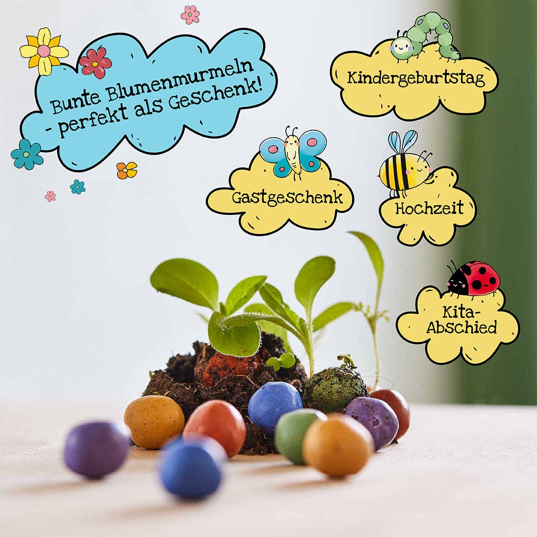 Das Produkt „Stadtgärtner Saatgut | Blumenmurmeln ‚Naturabenteuer‘ 100er-Dose“ sowie eine kleine Topfpflanze werden mit illustrierten Etiketten präsentiert, die kreative Geschenkideen wie Kindergeburtstage, Hochzeiten, Abschiede und Gastgeschenke vorschlagen. Fröhliche Comic-Insekten und Blumen zieren die Etiketten. Diese „Naturabenteuer“ von Stadtgärtner sind nicht nur unterhaltsam, sondern auch ein nachhaltiges Geschenk für Kinder, die gerne die Natur erkunden.