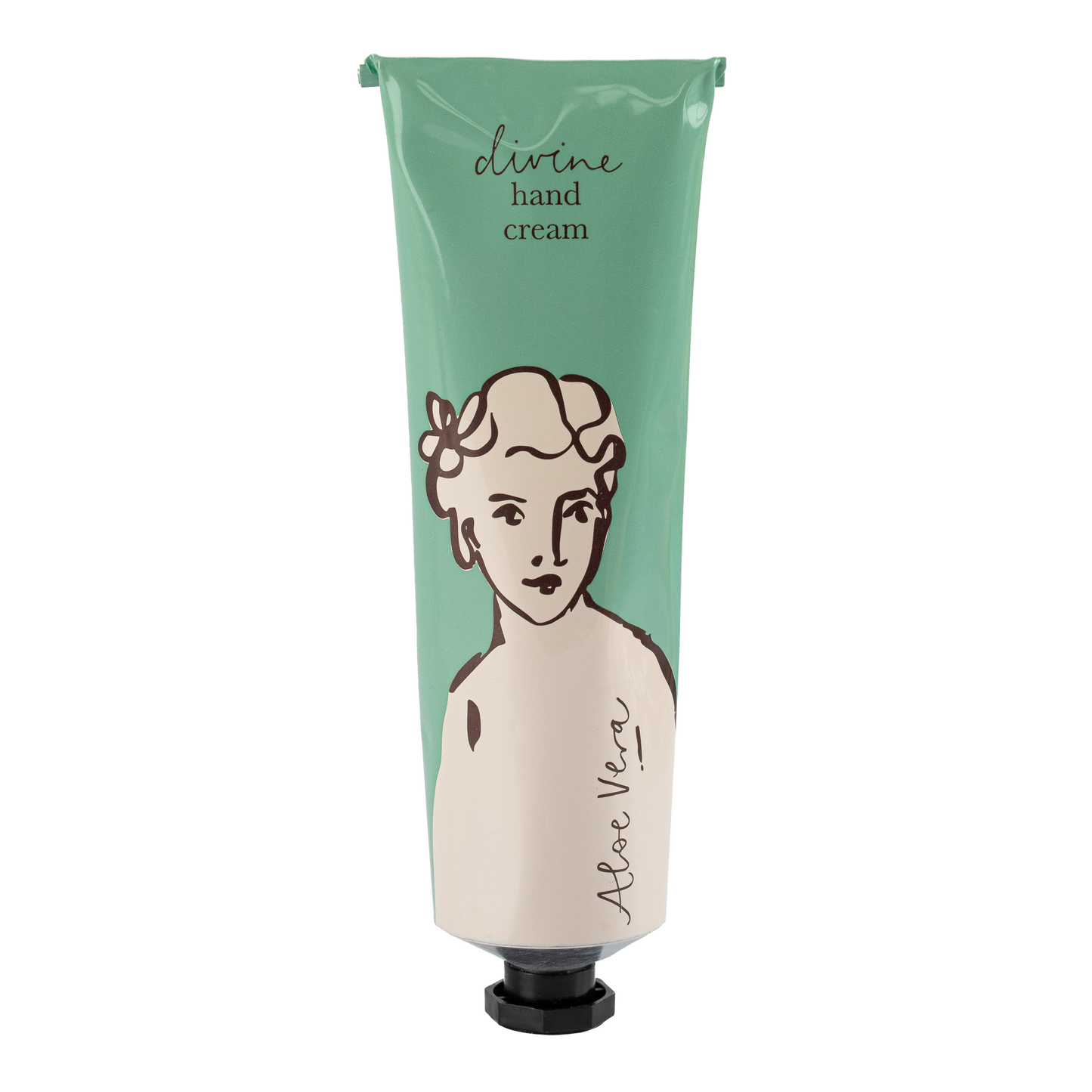 Die grün-beigefarbene Tube der "Aloe Vera"-Handcreme von Archivist Gallery zeigt eine schwarze Strichzeichnung einer Frau, eine schwarze Kappe und einen weißen Hintergrund, der das elegante Design dieser veganen Handcreme betont.