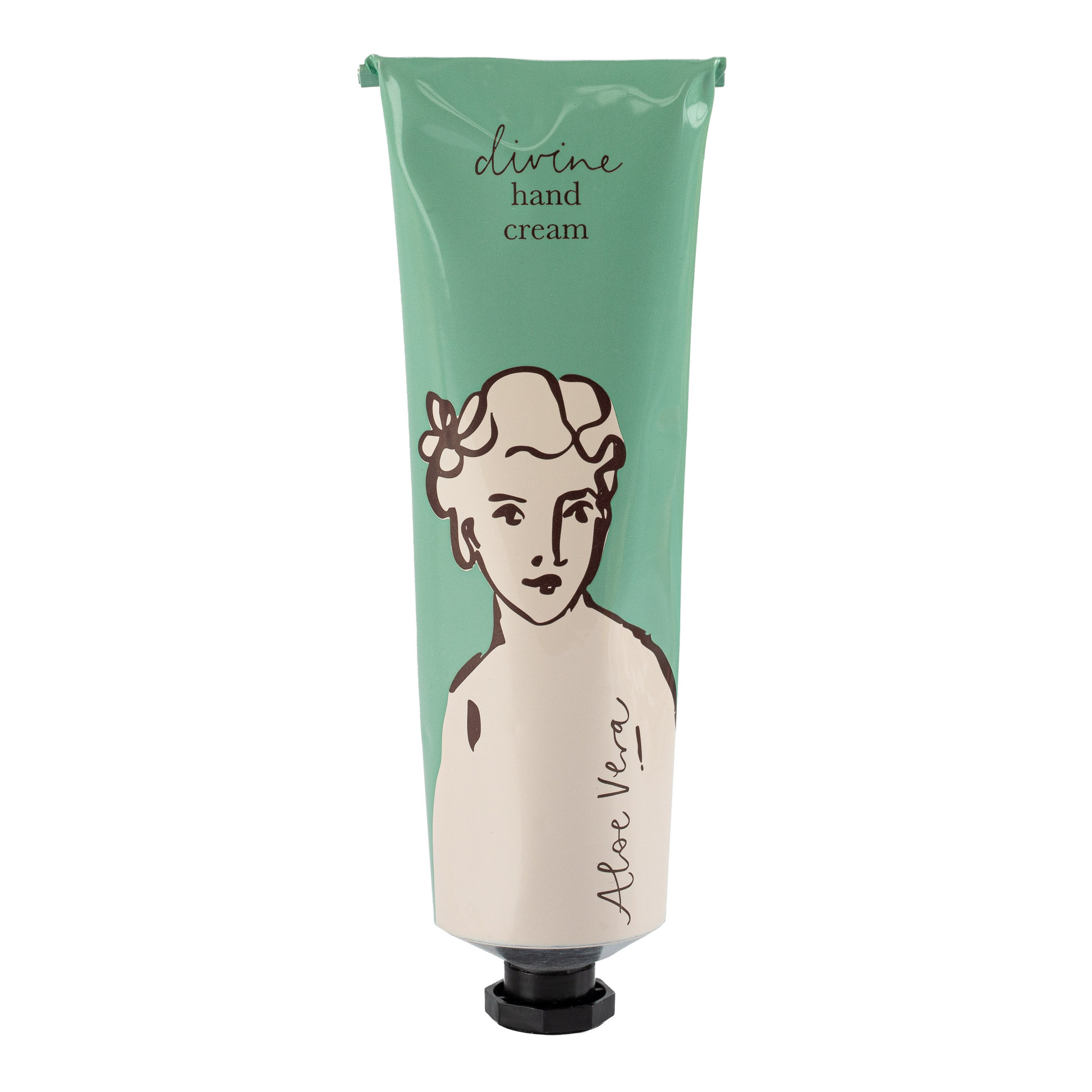 Die grün-beigefarbene Tube der "Aloe Vera"-Handcreme von Archivist Gallery zeigt eine schwarze Strichzeichnung einer Frau, eine schwarze Kappe und einen weißen Hintergrund, der das elegante Design dieser veganen Handcreme betont.