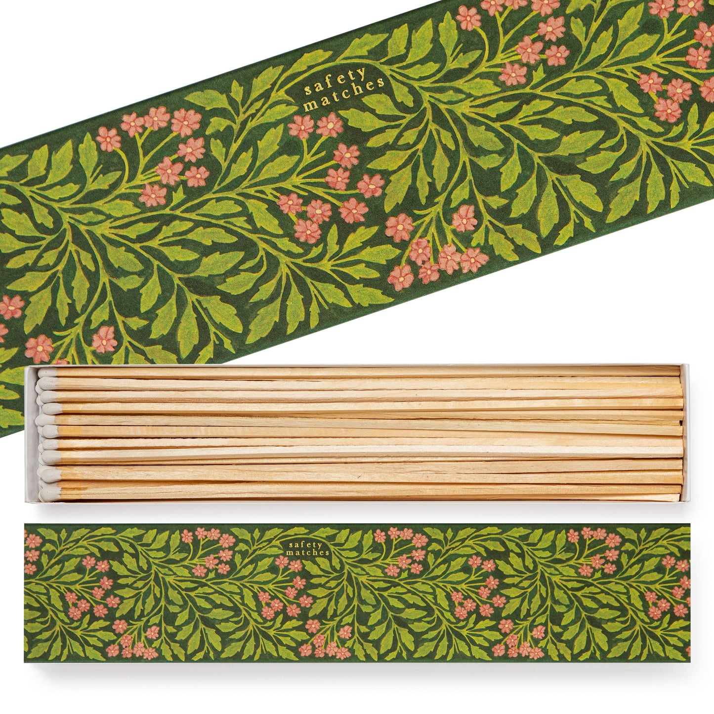 Die geöffnete Archivist Gallery 'Grüne Flora' Lange Streichhölzer Schachtel hat ein rechteckiges Design mit grünem und rosa Blumenmuster, in dem extralange Sicherheitsstreichhölzer mit weißen Spitzen ordentlich angeordnet sind.