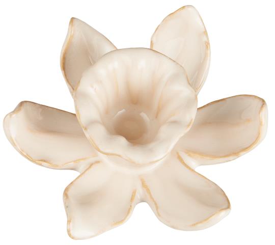 Der IB Laursen Kerzenhalter aus Keramik Narzisse 'Buttercreme' ist ein cremefarbener Keramik-Kerzenhalter in Form einer fünfblättrigen Blüte - ideal als Frühlingsdeko, um jeden Raum zu verschönern.