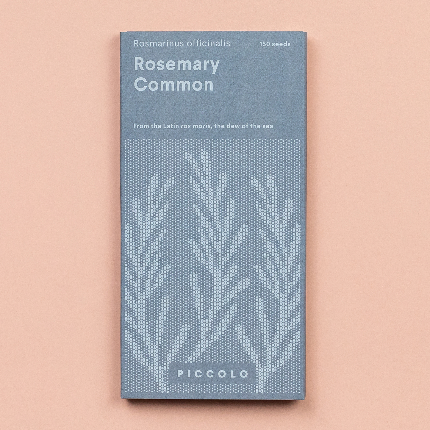 Eine blaue Piccolo Seeds | Rosmarin Common Packung mit botanischen Mustern, beschriftet mit 150 Samen (Rosmarinus officinalis), ein mediterranes Kraut und immergrüner Strauch von Piccolo Seeds, auf einem pfirsichfarbenen Hintergrund.