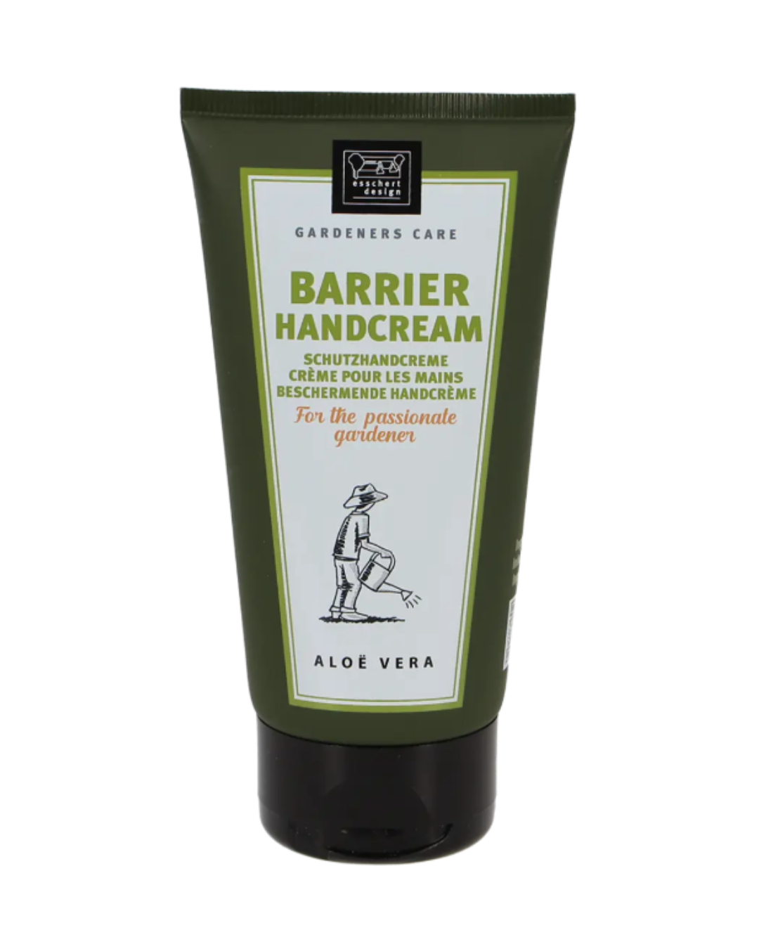 Eine grüne Tube Esschert Gärtner Schutzhandcreme | Pflegende Barriercreme mit Aloe Vera & Sheabutter, beschriftet "Für den leidenschaftlichen Gärtner" mit einem Gärtner und einer Gießkanne; mit mehrsprachigem Text, ideal als Handcreme Gartenarbeit.