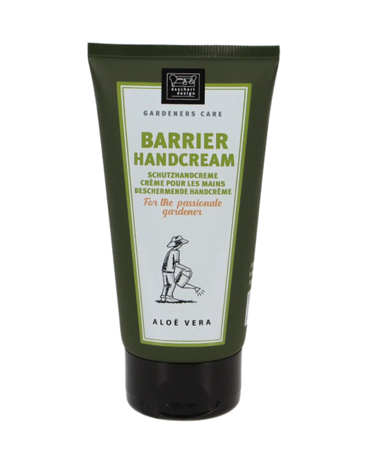 Eine grüne Tube Esschert Gärtner Schutzhandcreme | Pflegende Barriercreme mit Aloe Vera & Sheabutter, beschriftet "Für den leidenschaftlichen Gärtner" mit einem Gärtner und einer Gießkanne; mit mehrsprachigem Text, ideal als Handcreme Gartenarbeit.