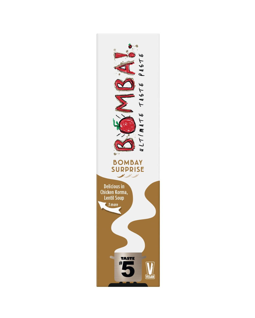 Eine weiß-braune Schachtel Viani | 'Bomba! Mystic Bangkok' 150g, beschriftet mit Delicious in Chicken Korma, Lentil Soup & more, mit einer großen Zahl 5 für Geschmack. Vollgepackt mit exotischen Gewürzen und mit einem vegetarischen Symbol.