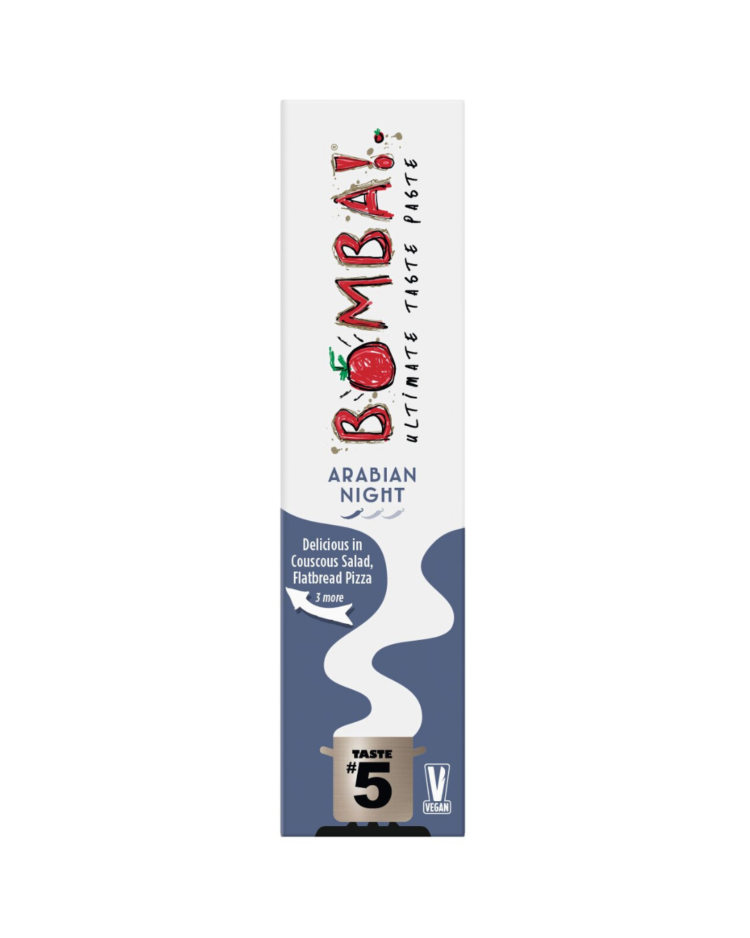 Vorderseite einer weiß-blauen Tube mit der Aufschrift Viani | 'Bomba! Arabian Night' Würzpaste 150g, Dampf steigt aus einem Topf auf. Highlights: vegan, vollgepackt mit orientalischen Gewürzen, perfekt für Couscous, Salat & Fladenbrotpizza. Geschmacksstufe 5.