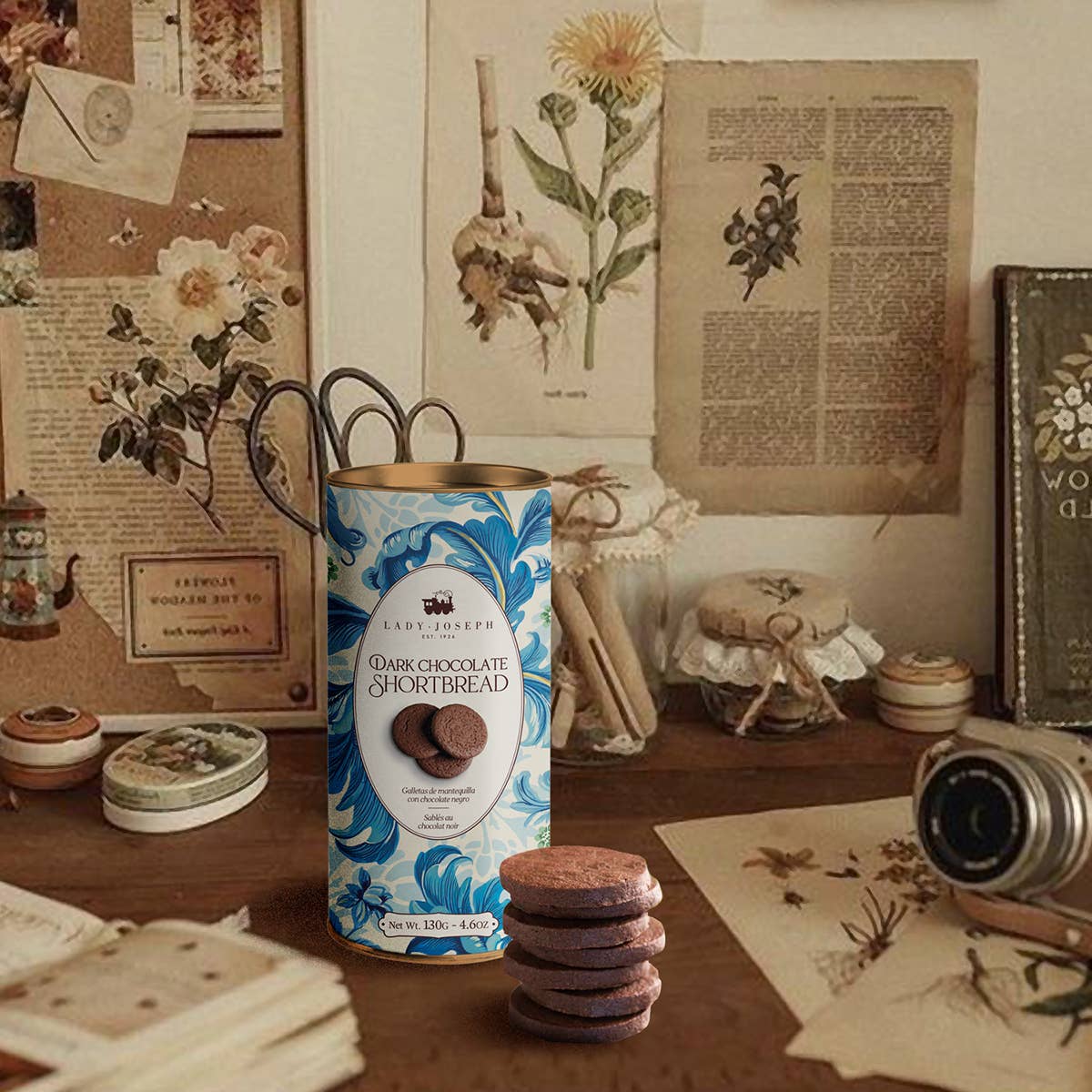 Eine Dose Lady Joseph | Butterkekse und Schokolade Dunkle Schoko-Shortbread 130 g liegt auf einem rustikalen Schreibtisch mit alten Papieren und Kunstgegenständen, daneben sind mehrere dunkle Schoko-Shortbread-Kekse gestapelt.