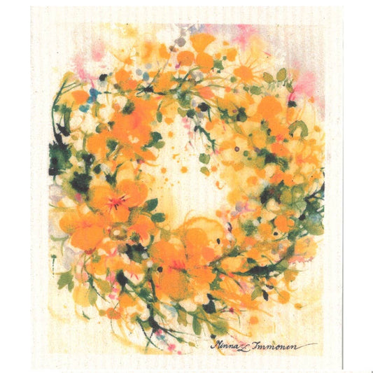 Das More Joy Home 'Kranz aus Stiefmütterchen' biologisch abbaubares Schwammtuch zeigt ein farbenfrohes Aquarell eines Blumenkranzes und verbindet stilvolles Zero-Waste-Design mit umweltfreundlicher Funktionalität.