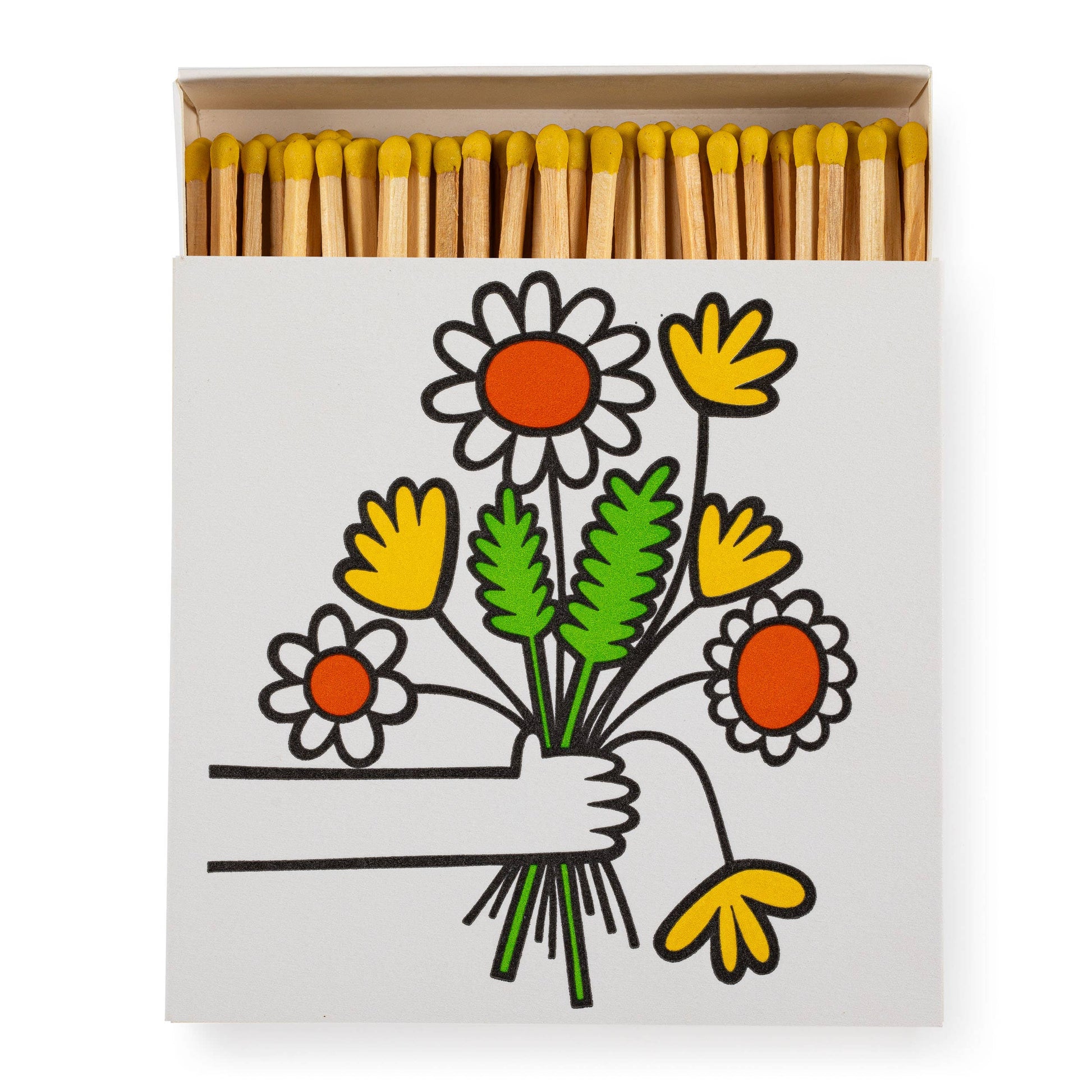Ein geöffnetes Archivist | 'Buch der Blumen' Quadratische Sicherheitsstreichhölzer aus der Archivist Gallery zeigt gelbe Streichhölzer und auf der Vorderseite eine Hand, die einen bunten Blumenstrauß mit weißen, roten und gelben Blüten hält.